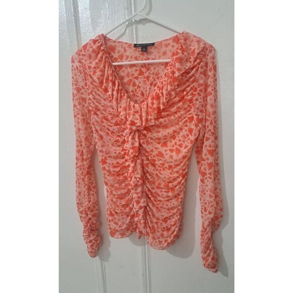 Inc Womens Medium Tulle Ruched Coral Plunge Neck Top Stretch Mesh - Picture 1 of 8